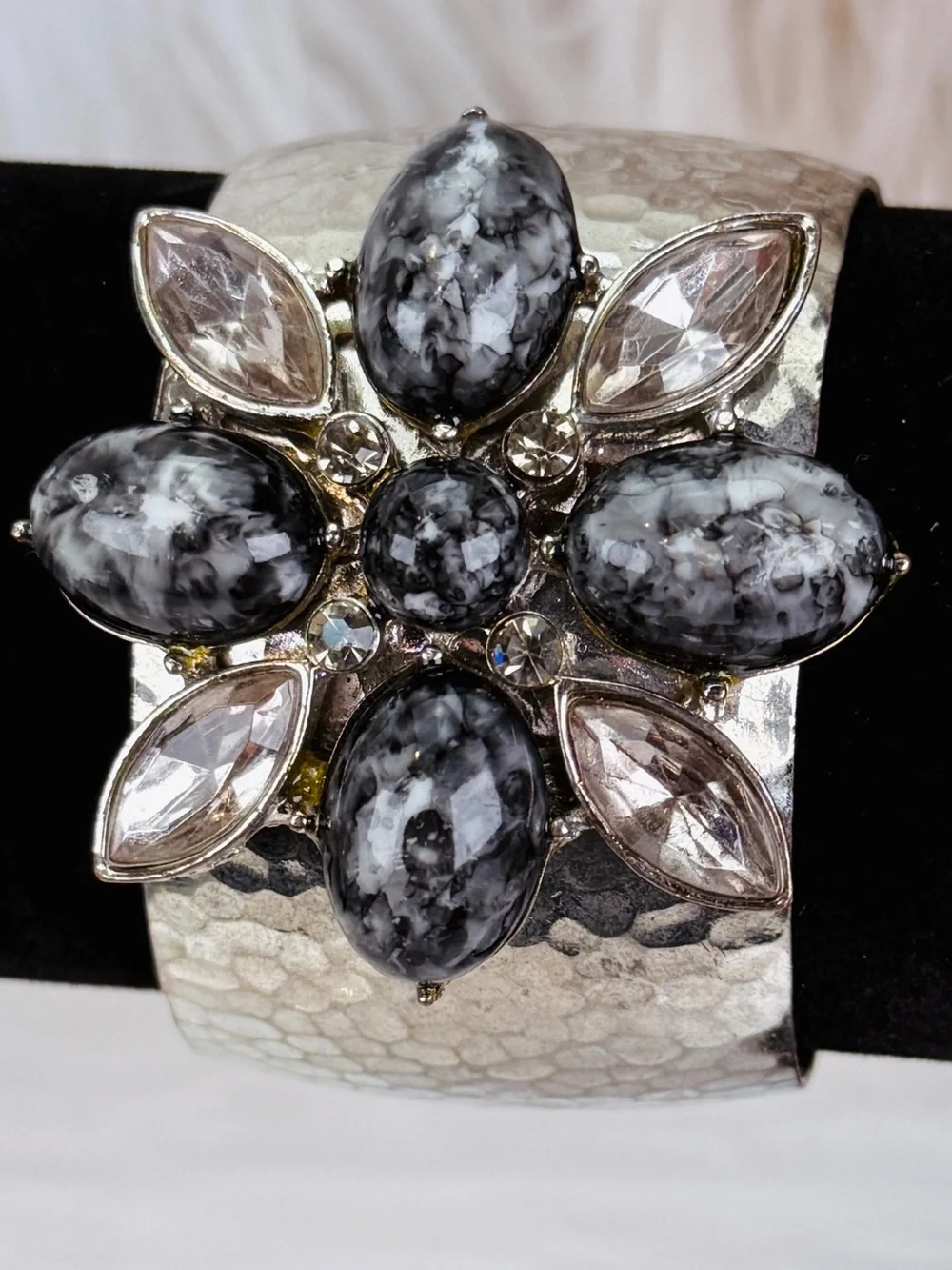 Vintage aged, Silvertone oxidized, colored accent, large cuff, runway bracelet